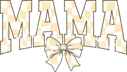 Distressed yellow retro checkered coquette mama png, sublimation design, dtf dtg transfer, mug t shirt print, vintage grid, floral ribbon bow