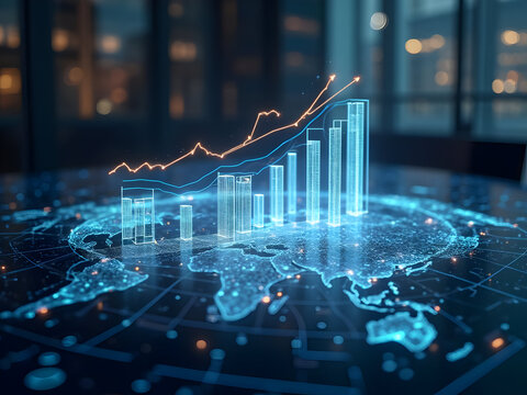 Futuristic holographic war room table with 3D miniature trade routes and ascending tariff barriers visualized as economic growth towers on dark gradient tactical environment