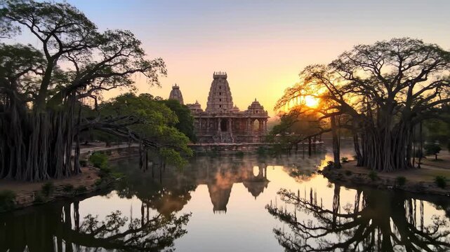 Ancient Temple Reflections on Dattatreya Jayanti, Sunrise Scenery with Banyan Trees and Serene Water