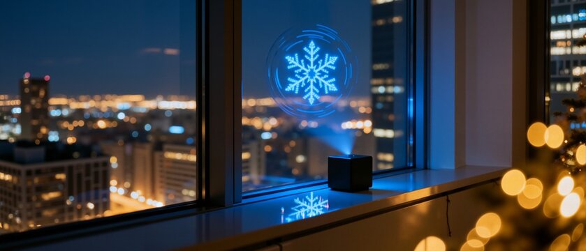 Smart home device projecting a winter snowflake hologram on a window. Modern Christmas decoration with a blurred cityscape background at night