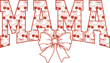 Red cherry coquette mama png, sublimation design, dtf dtg transfer, mug t shirt print, summer fruit, vintage sketch, ribbon bow