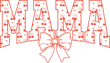 Cherry coquette mama png, sublimation design, dtf dtg transfer, mug t shirt print, summer fruit, vintage sketch, ribbon bow