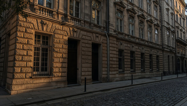 Historic building facade with stone walls and cobblestone street in the city - Powered by Adobe