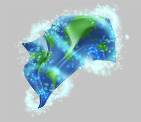 World map, vector 3d flag in whirlwind of magical radiance