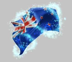 New Zealand, vector 3d flag in whirlwind of magical radiance