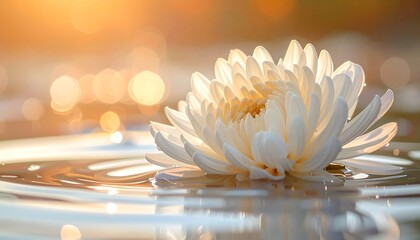 White flower floats serenely on rippling water, bathed in a warm, golden light with bokeh background