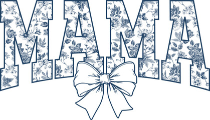 blue chinoiserie coquette mama png, sublimation design, dtf dtg transfer, mug t shirt print, flowers leaves botanical, toile de jouy, vintage sketch, floral ribbon bow