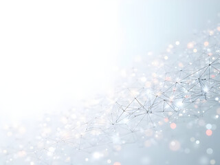 High-definition white background with abstract tech network showing luminous connection dots and flowing data lines creating intricate geometric plexus mesh visualizations