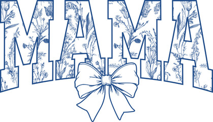 Blue garden and wildflower coquette mama png, sublimation design, dtf dtg transfer, mug t shirt print, flowers leaves botanical, toile de jouy, vintage sketch, floral ribbon bow