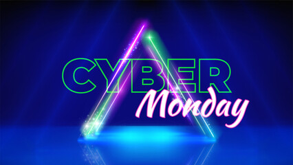 Cyber monday neon offer poster. Special offer sale. Neon triangular frame. Stage blue background. Cyber monday concept, advertising. Sale, promotion banner. Vector illustration