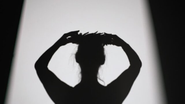 Artistic shadow of a woman holding a wheat wreath above her head, framed in a vertical beam of light. The image emphasizes form, gesture, and symbolism. Copy space included