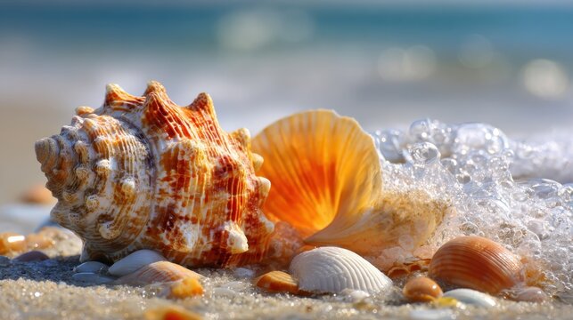 Close-up view of seashells on the sandy beach near the blue ocean during a sunny day with gentle waves rolling in - Powered by Adobe