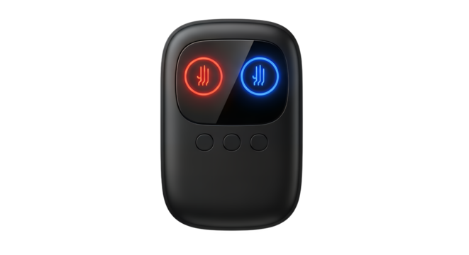 Sleek black voice command remote control featuring illuminated red and blue microphone buttons for intuitive audio input and smart device interaction isolated on a clean transparent background