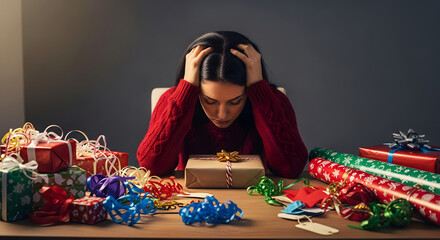 Young woman feeling stressed while wrapping Christmas gifts at table  