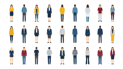 Flat Vector Characters Set. Diverse people icons showing men and women in various professional and casual attire, isolated figures with front and back views for demographic representation.