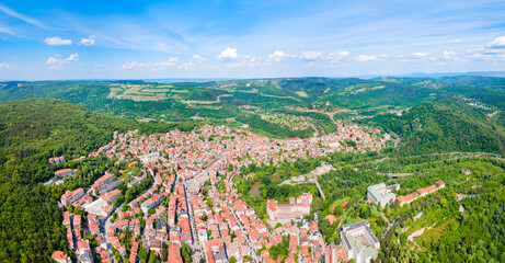 Veliko Tarnovo city centre aerial panoramic view, Bulgaria