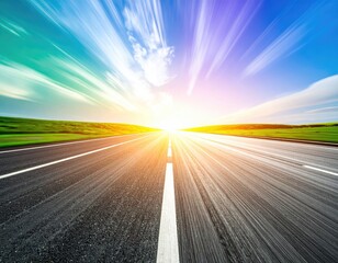 Road stretches towards sun, with bright blurred sky