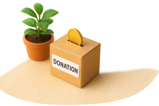 Cardboard donation box with donation label receiving a gold coin, next to a small green plant in a pot, illustrating giving and growth