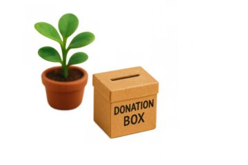 Donation box promoting charity and growth, standing next to a green potted plant, on transparent background