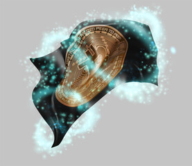 Bitcoin, vector 3d flag in whirlwind of magical radiance