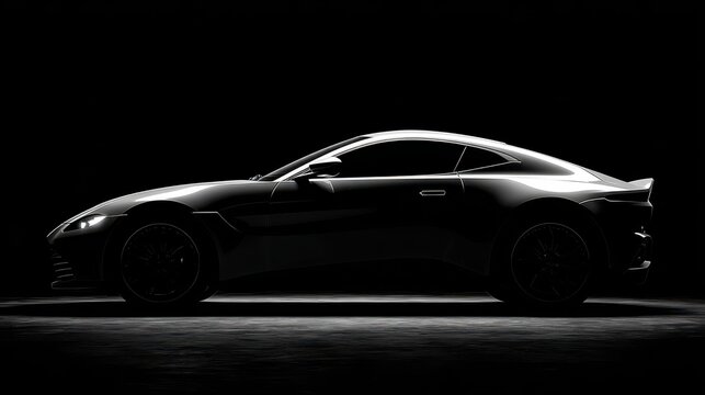 Sleek sports car silhouette showcased in a dramatic lighting setup during a promotional event in a dark studio