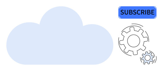 Blue cloud icon with bold Subscribe button and gears symbolizing settings and synchronization. Ideal for subscription, cloud computing, data management, technology, software, innovation