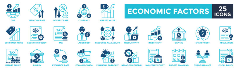 Economic factors icon collection set. Containing GDP, inflation rate, tax, investment, regulation, import tariff, financial forecast, fiscal policy icon. Dual tone style vector illustration.	