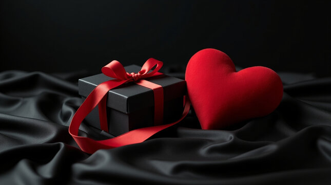 A luxurious valentines day composition featuring a black gift box tied with a red ribbon and a plush red heart against a backdrop of elegant black satin fabric