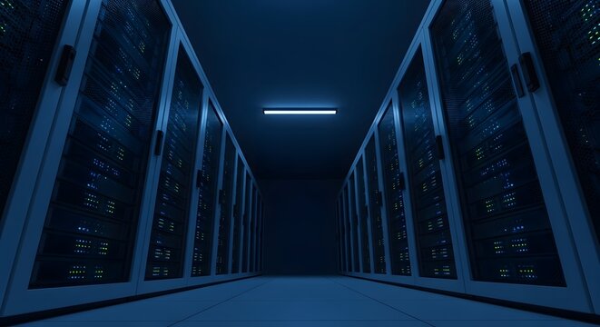 Interior view of a dark blue-toned data center corridor with rows of illuminated server racks, symbolizing big data, computing power, cloud technology, and IT infrastructure
