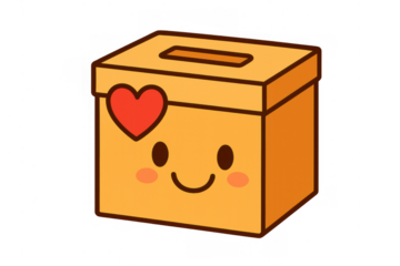 Smiling cartoon donation box with heart symbol, illustrating charity, giving, and community support on transparent background