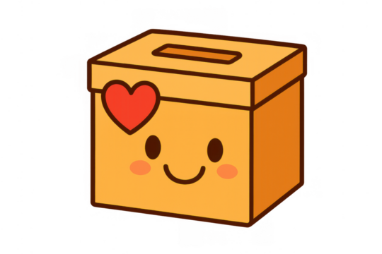 Smiling cartoon donation box with heart symbol, illustrating charity, giving, and community support on transparent background