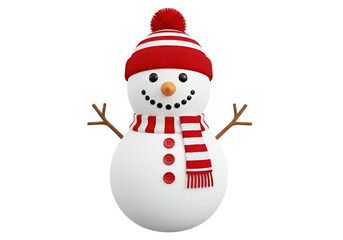 Cheerful 3D Render Snowman in Red and White Striped Hat and Scarf, with a Happy Smile, Isolated on Transparent Background for Winter Holidays and Christmas Designs.