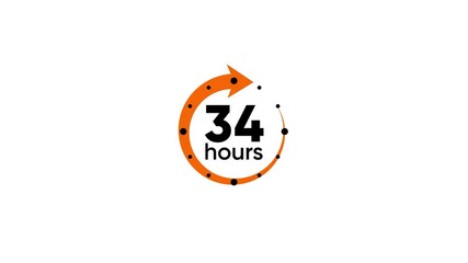 Orange circular arrow with 34 hours text and black dots on white background time clock