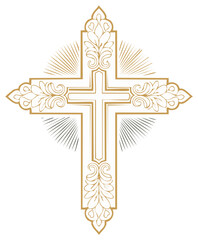 Ornate golden Christian cross with decorative floral filigree and sunburst rays illustration