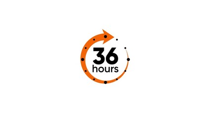 Orange circular arrow with 36 hours text and black dots on white background time clock