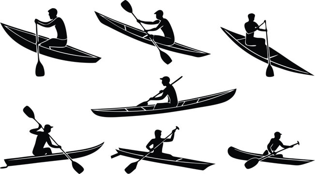 Dynamic collection of silhouetted kayakers paddling on water, capturing the spirit of adventure and outdoor sports.