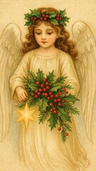 Fototapeta premium Vintage angel with holly wreath mobile wallpaper