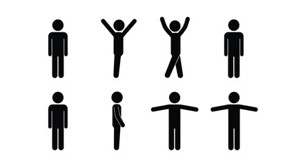 Stick Figure Icons Set Showing Various Body Poses: Standing, Cheering, Profile, and T-Pose Pictograms