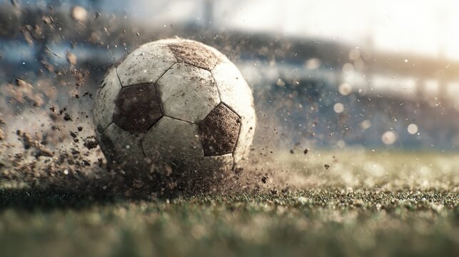 Soccer ball splashes mud while rolling on the field during an intense match at sunset