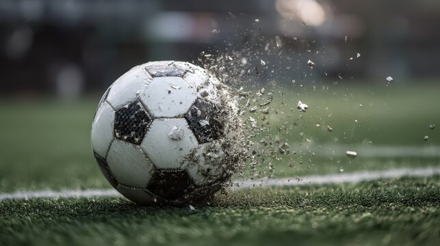 Soccer ball exploding into pieces on the field during a match at sunset, capturing a moment of intense action