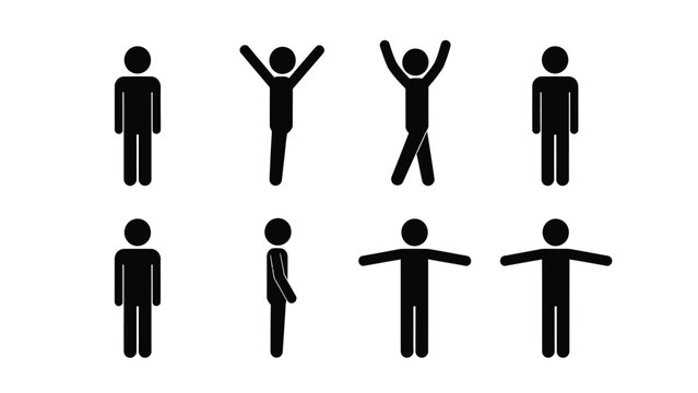 Stick Figure Icons Set Showing Various Body Poses: Standing, Cheering, Profile, and T-Pose Pictograms