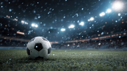 Snow falls as a soccer ball rests on the field during a nighttime match in a stadium, creating a dramatic atmosphere for players and fans
