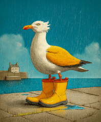 Fototapeta premium Whimsical seagull in yellow rain boots by the sea