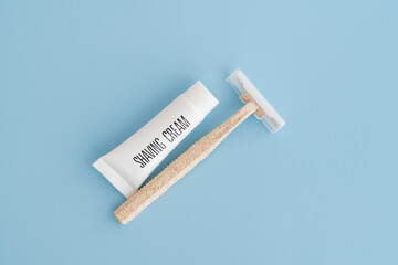 Shaving kit set, bathroom accessories, isolated on blue background