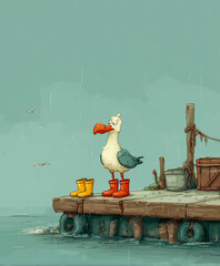 Fototapeta premium A cartoon seagull in red boots on a rainy dock