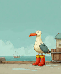 Fototapeta premium Cute cartoon seagull stands in red boots on a pier