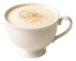 Obraz premium White chocolate chai latte in a porcelain teacup with frothy milk and a sprinkle of ground nutmeg