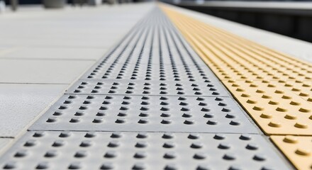 Close-up on the tactile paving (studded and ridged tiles) and yellow warning strip on a train or subway station platform, essential for visually impaired guidance and safety