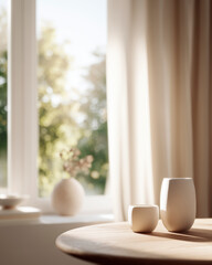 Minimalist ceramic tableware on a wooden table in a cozy living room with natural light streaming in through curtained windows.