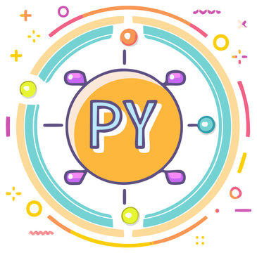 Circular graphic with Python programming language initials and colorful abstract elements